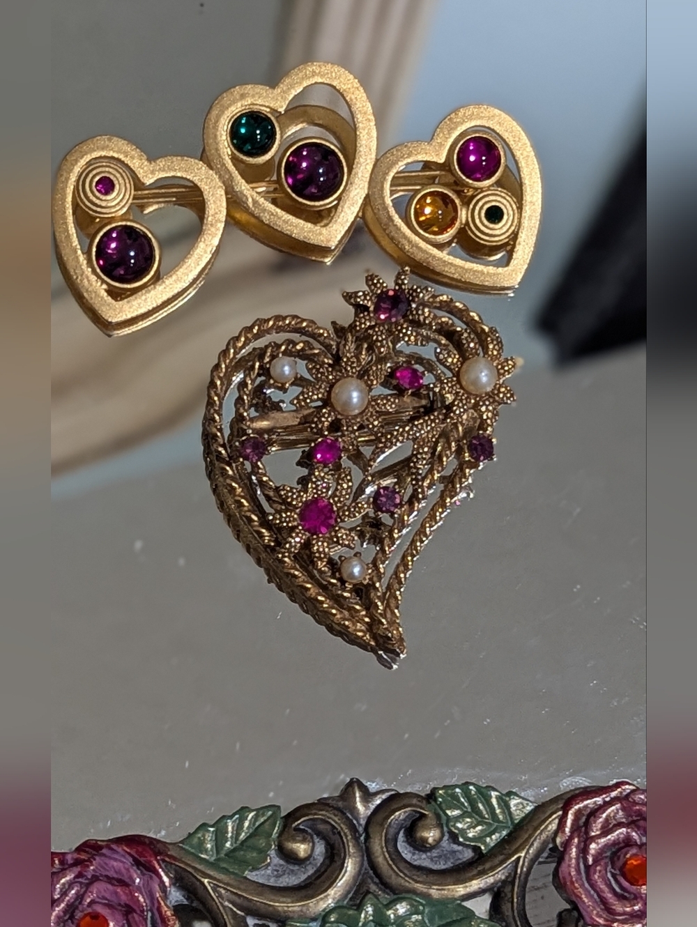 Vintage Gold-Tone Heart Brooch and Stud Set with Pink and Purple Accents